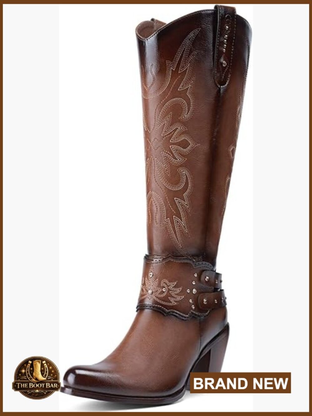 Knee High Cowgirl Boots with Rhinestone Rivets and Embroidered Shaft